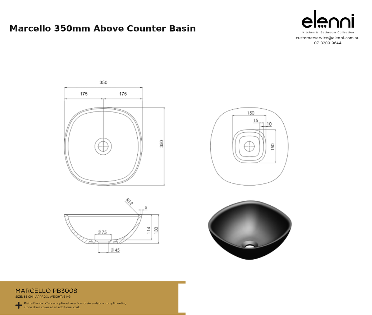 Marcello 350mm Above Counter Basin — specification sheet (Elenni)