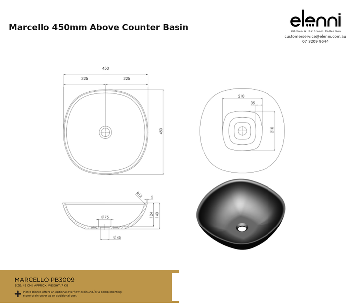 Marcello 450mm Above Counter Basin — specification sheet (Elenni)