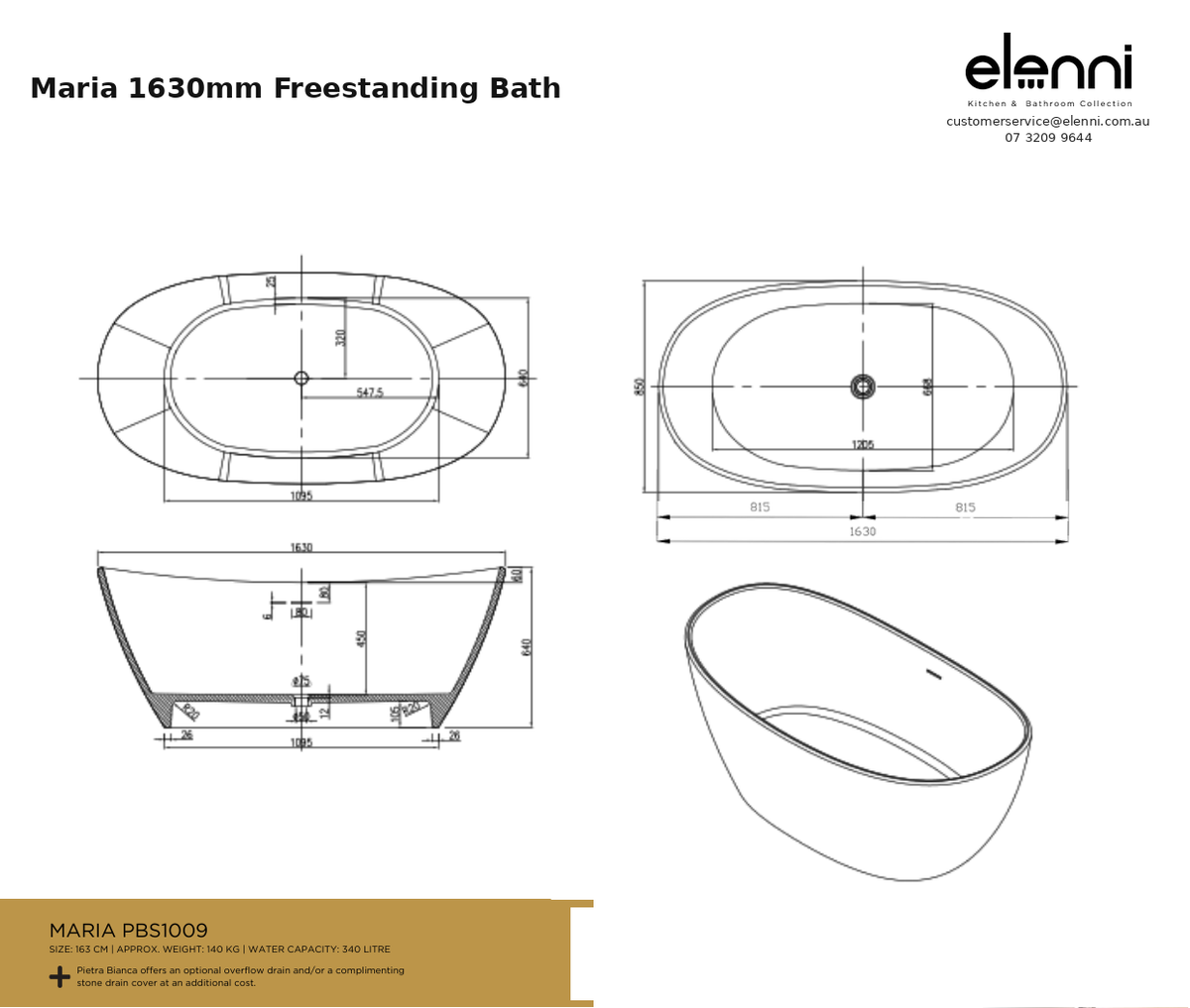 Maria 1630mm Freestanding Bath — specification sheet (Elenni)