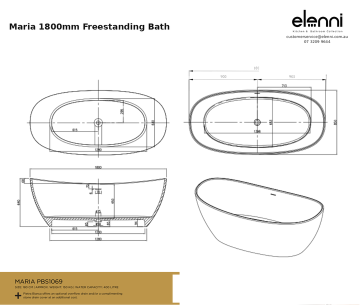 Maria 1800mm Freestanding Bath — specification sheet (Elenni)