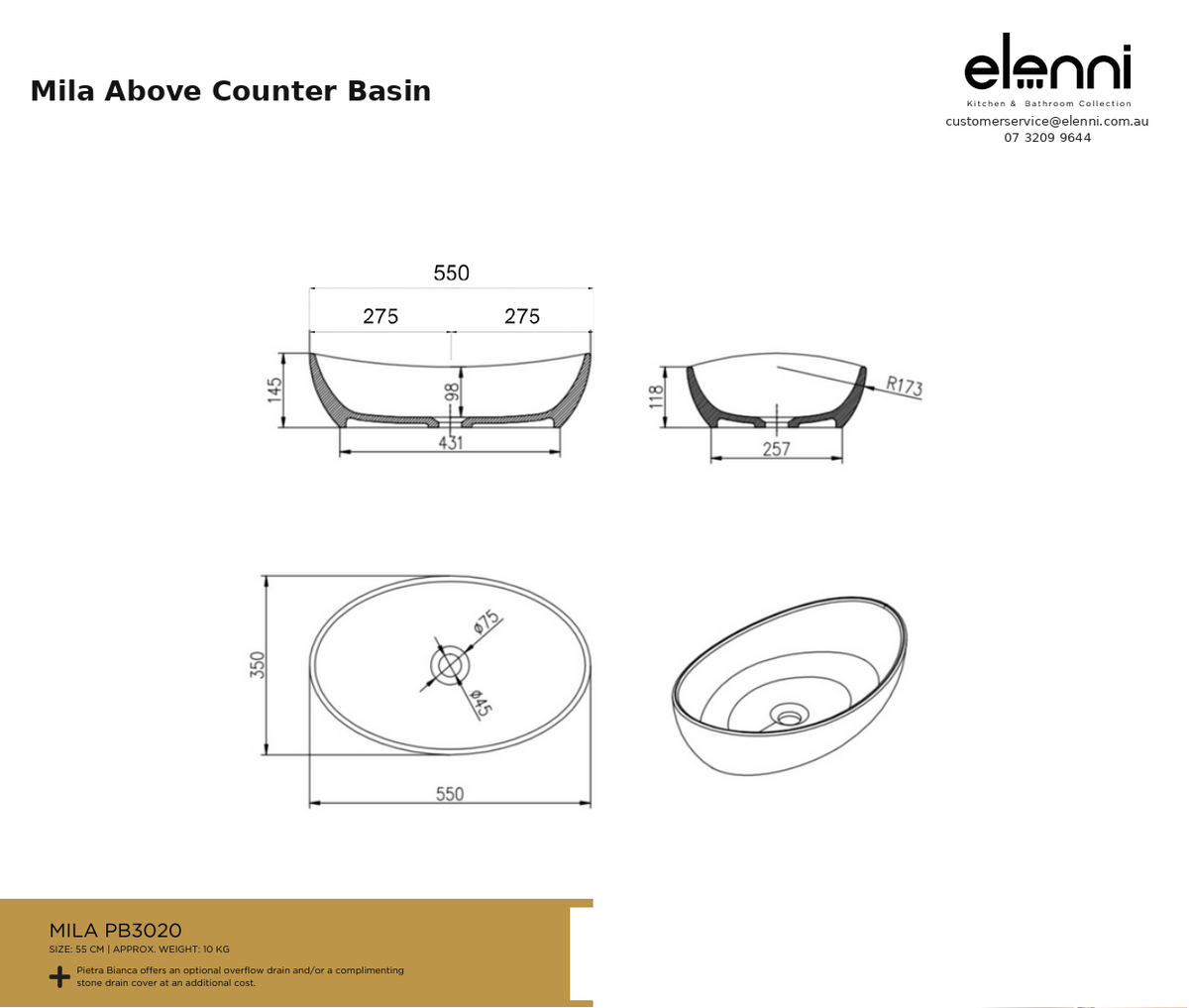 Mila Above Counter Basin — specification sheet (Elenni)