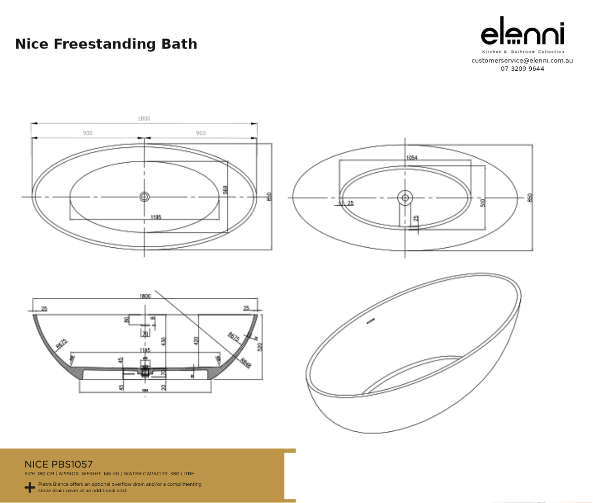 Nice Freestanding Bath — specification sheet (Elenni)