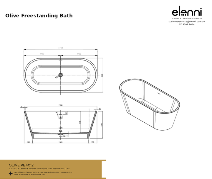 Olive Freestanding Bath — specification sheet (Elenni)