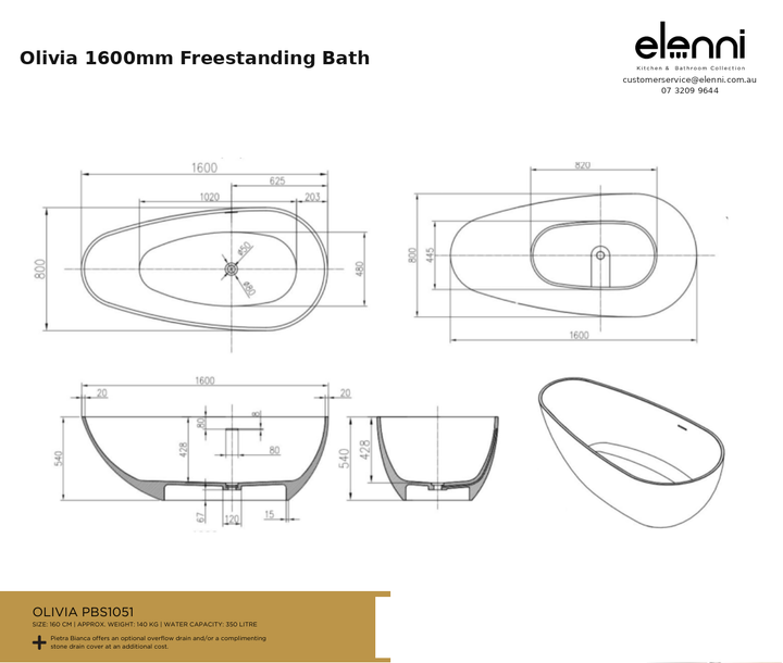 Olivia 1600mm Freestanding Bath — specification sheet (Elenni)