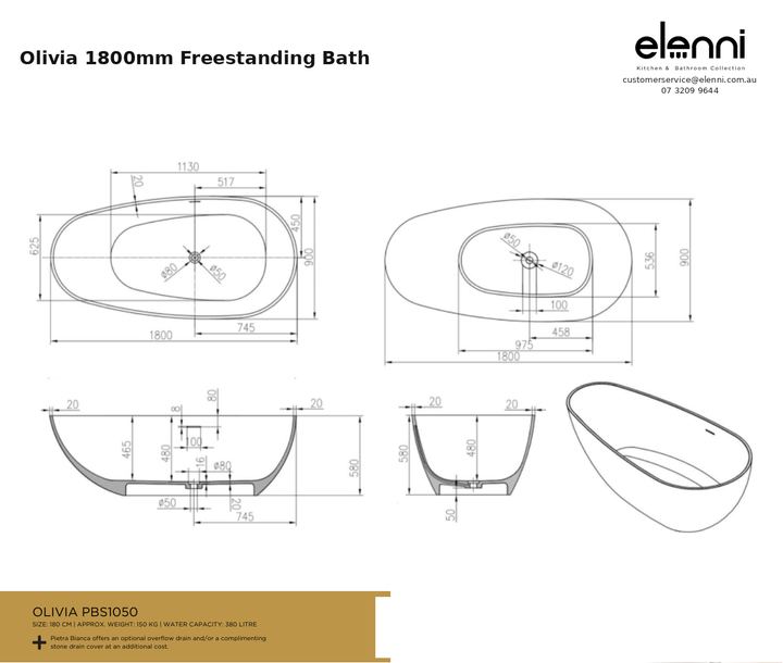 Olivia 1800mm Freestanding Bath — specification sheet (Elenni)