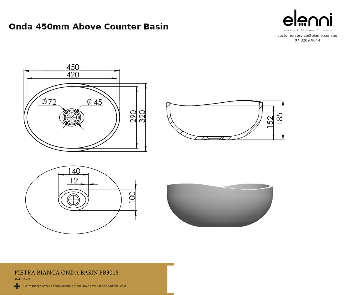 Onda 450mm Above Counter Basin — specification sheet (Elenni)