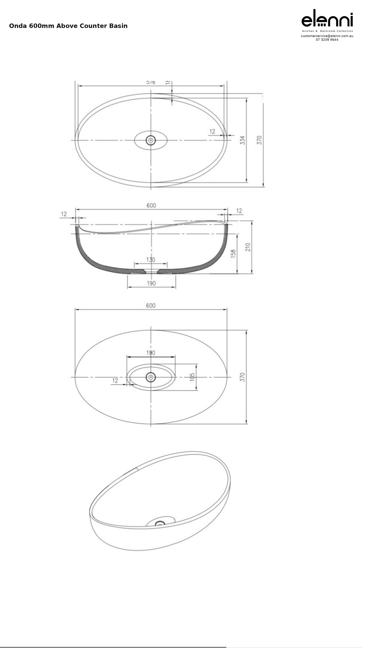 Onda 600mm Above Counter Basin — specification sheet (Elenni)