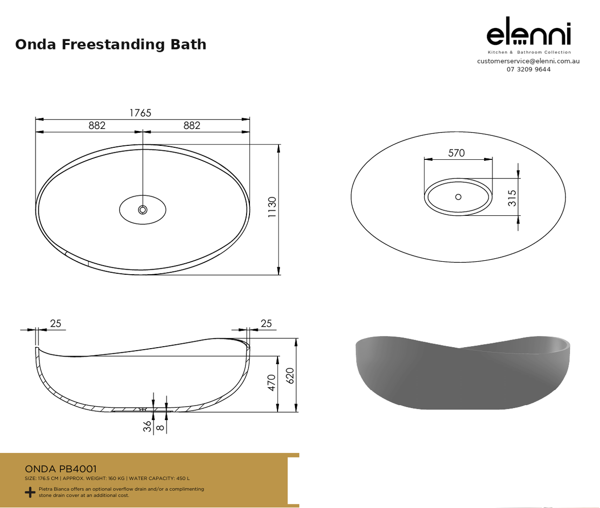Onda Freestanding Bath — specification sheet (Elenni)