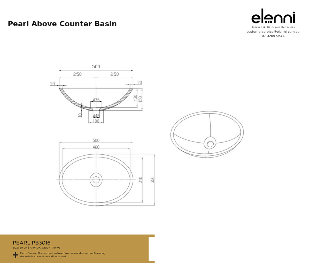 Pearl Above Counter Basin — specification sheet (Elenni)