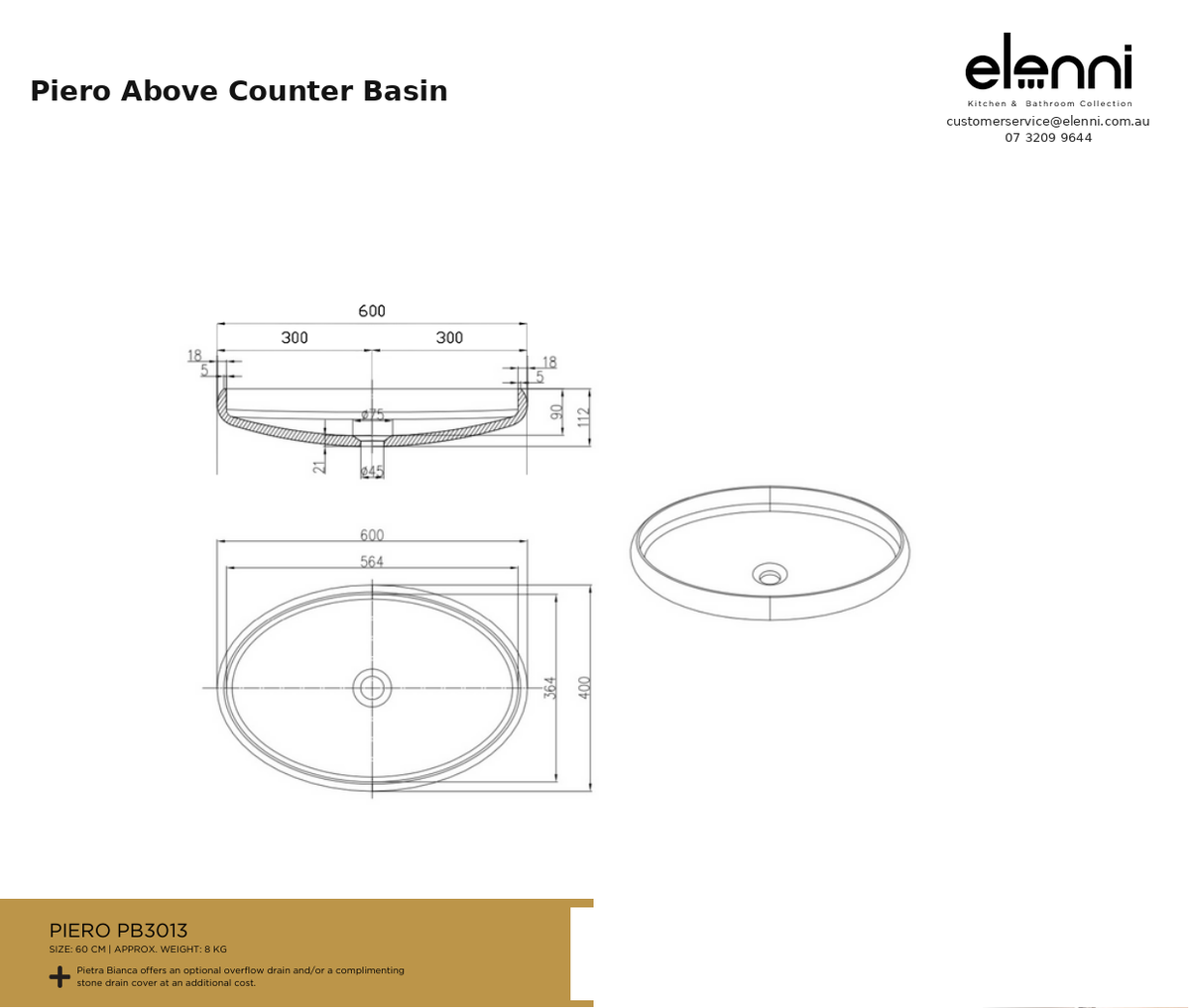 Piero Above Counter Basin — specification sheet (Elenni)