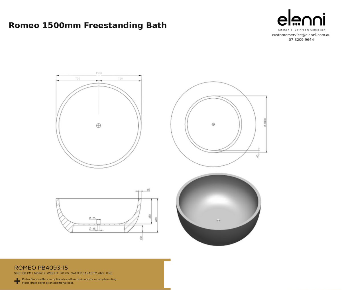 Romeo 1500mm Freestanding Bath — specification sheet (Elenni)