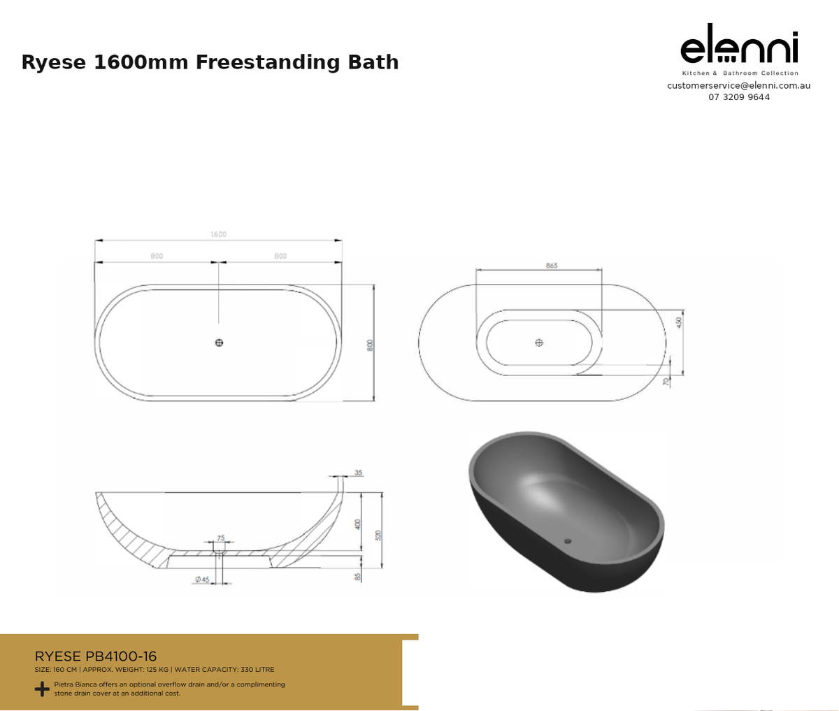 Ryese 1600mm Freestanding Bath — specification sheet (Elenni)