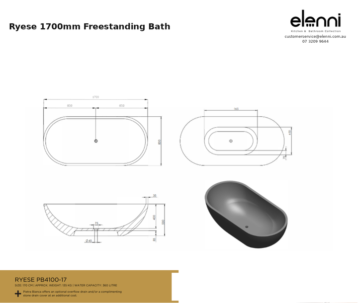 Ryese 1700mm Freestanding Bath — specification sheet (Elenni)