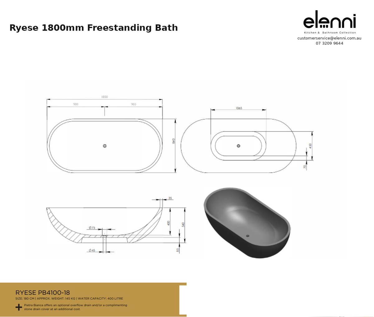 Ryese 1800mm Freestanding Bath — specification sheet (Elenni)
