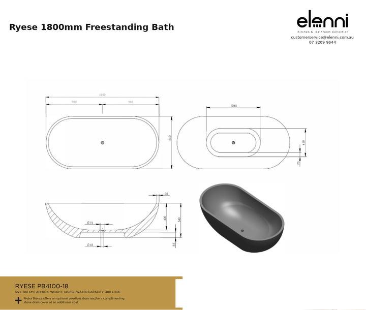 Ryese 1800mm Freestanding Bath — specification sheet (Elenni)