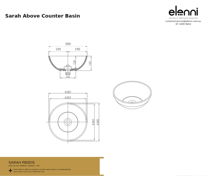 Sarah Above Counter Basin — specification sheet (Elenni)