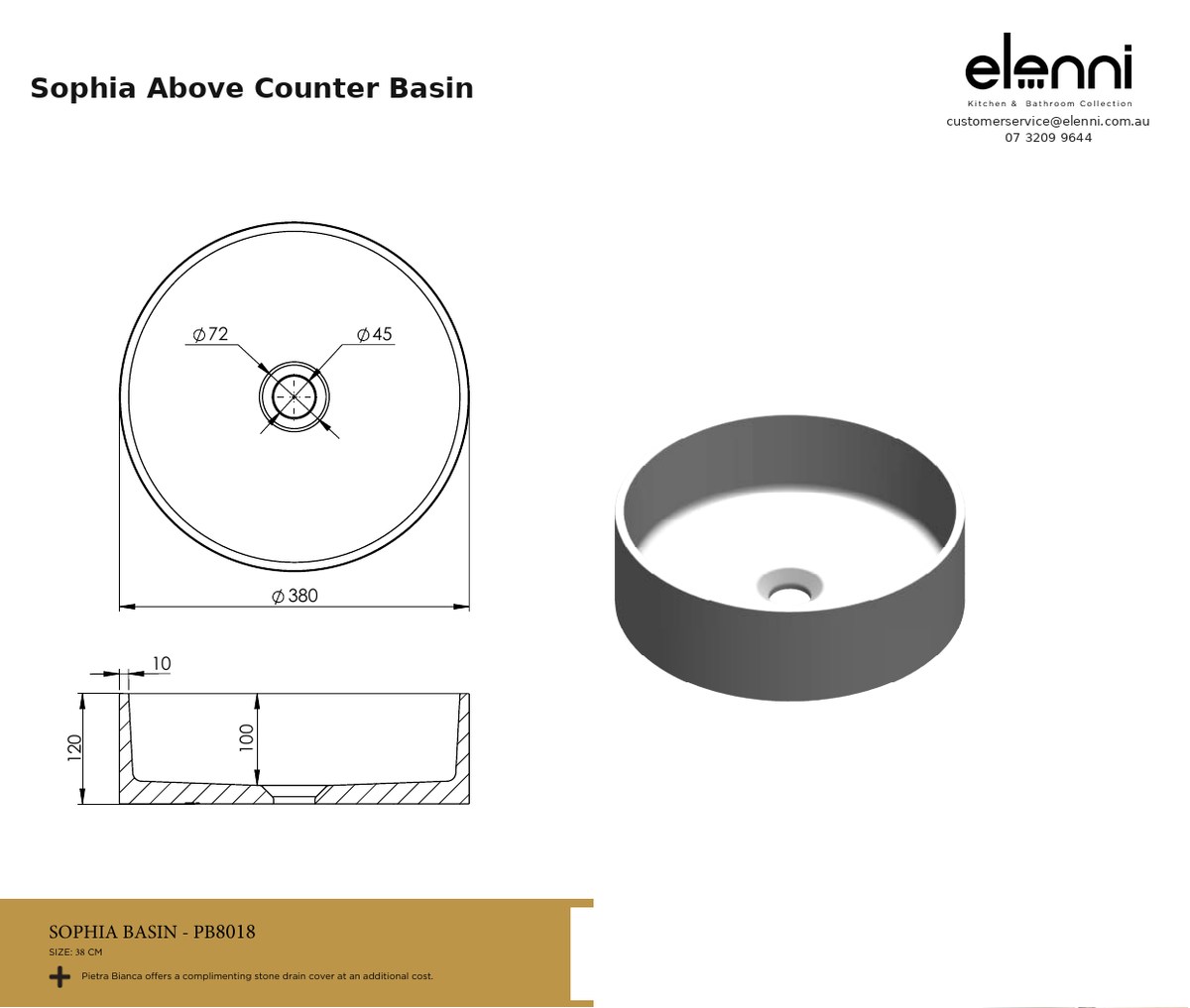 Sophia Above Counter Basin — specification sheet (Elenni)