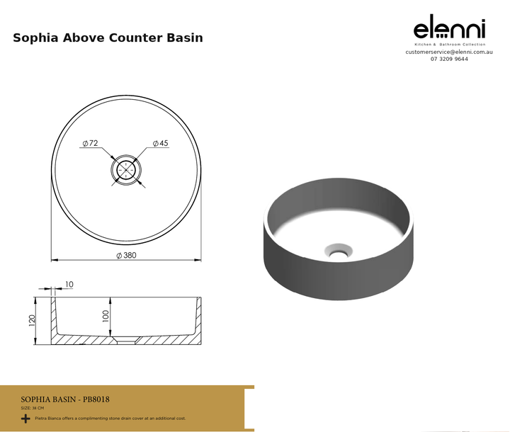 Sophia Above Counter Basin — specification sheet (Elenni)