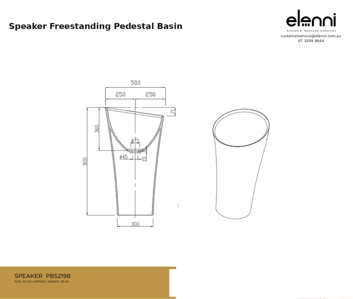 Speaker Freestanding Pedestal Basin — specification sheet (Elenni)