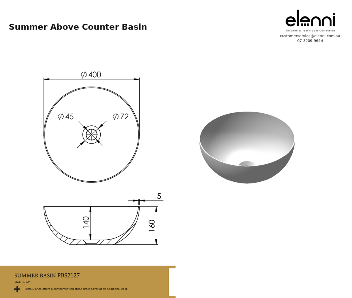 Summer Above Counter Basin — specification sheet (Elenni)