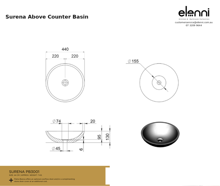 Surena Above Counter Basin — specification sheet (Elenni)