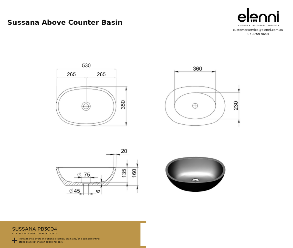 Sussana Above Counter Basin — specification sheet (Elenni)