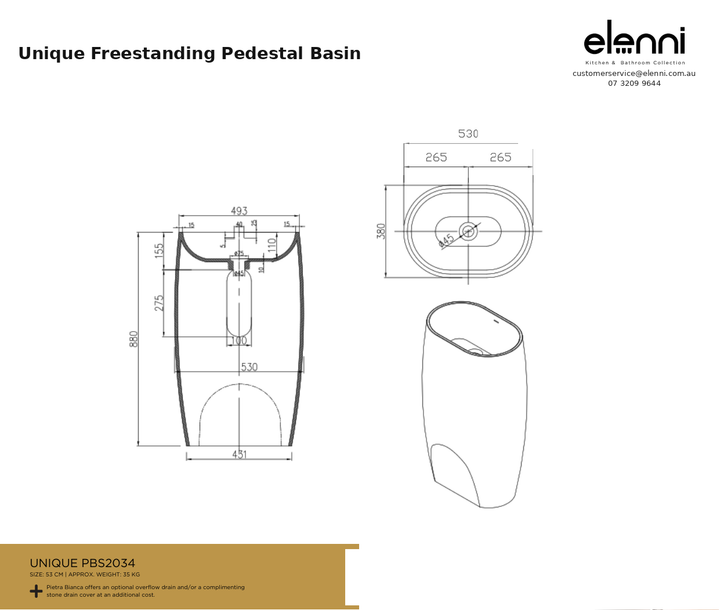 Unique Freestanding Pedestal Basin — specification sheet (Elenni)