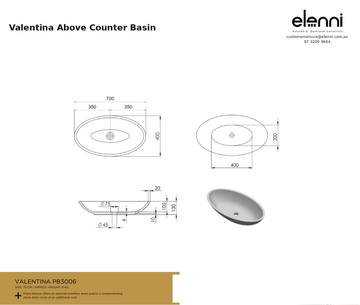 Valentina Above Counter Basin — specification sheet (Elenni)