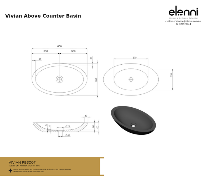 Vivian Above Counter Basin — specification sheet (Elenni)