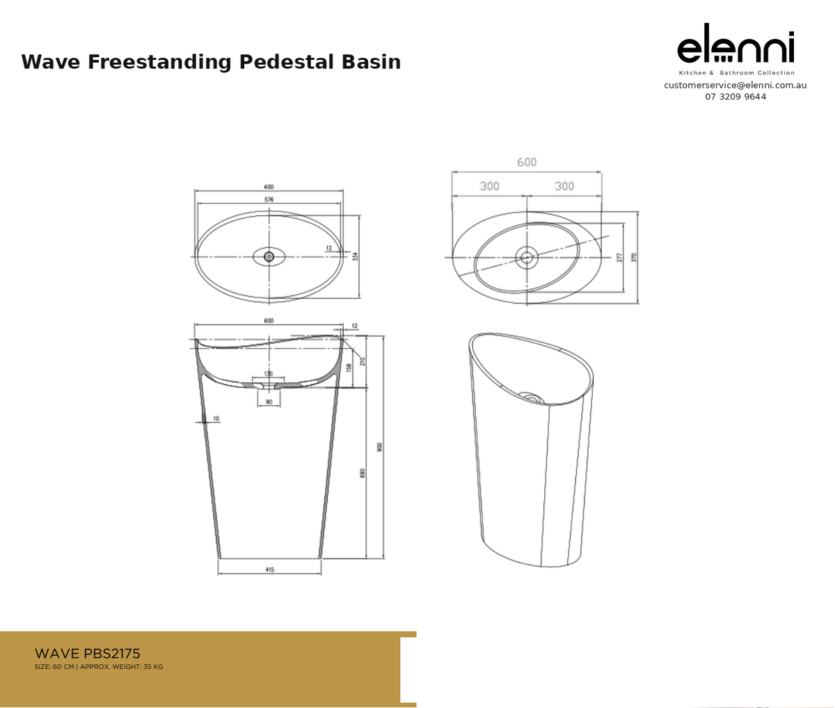 Wave Freestanding Pedestal Basin — specification sheet (Elenni)