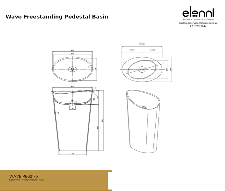 Wave Freestanding Pedestal Basin — specification sheet (Elenni)