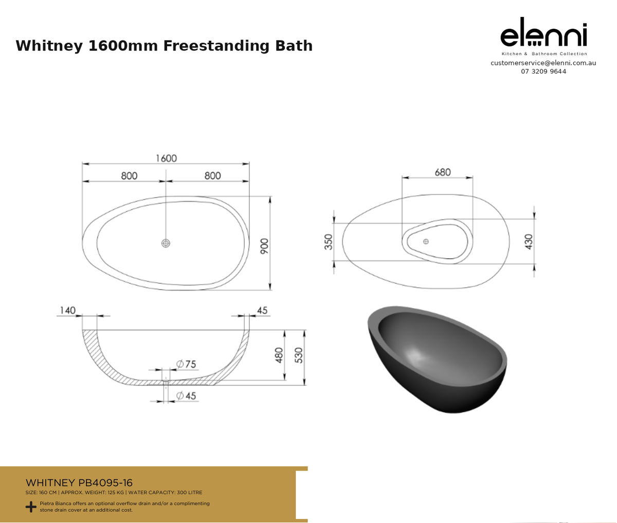 Whitney 1600mm Freestanding Bath — specification sheet (Elenni)