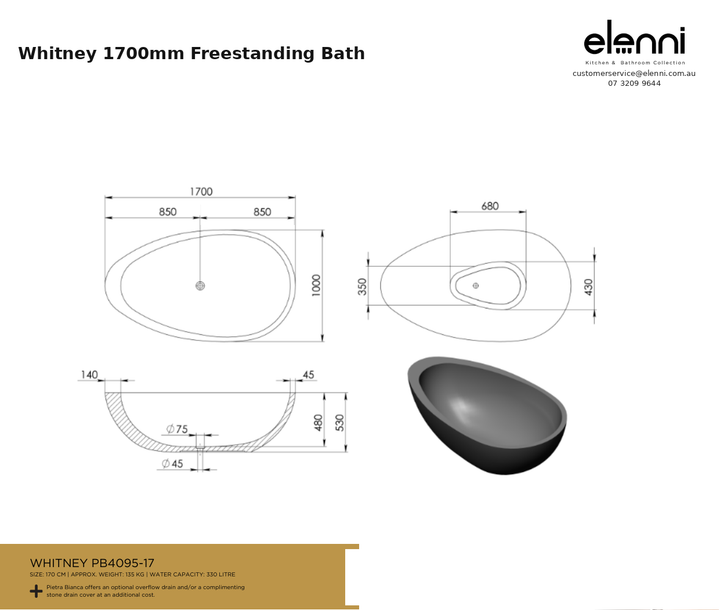 Whitney 1700mm Freestanding Bath — specification sheet (Elenni)