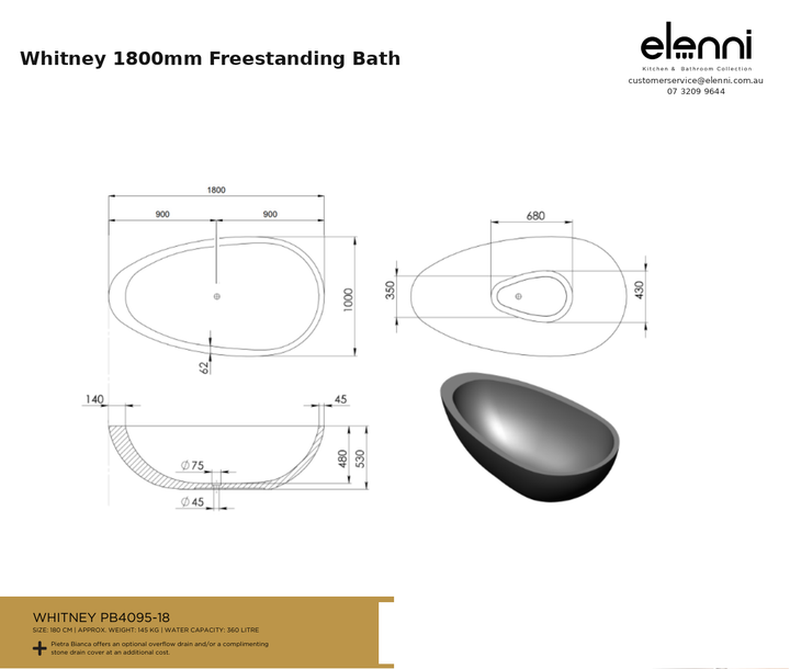 Whitney 1800mm Freestanding Bath — specification sheet (Elenni)