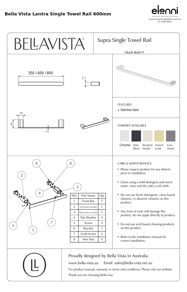 Elenni specification sheet - Lantra Single Towel Rail 600mm