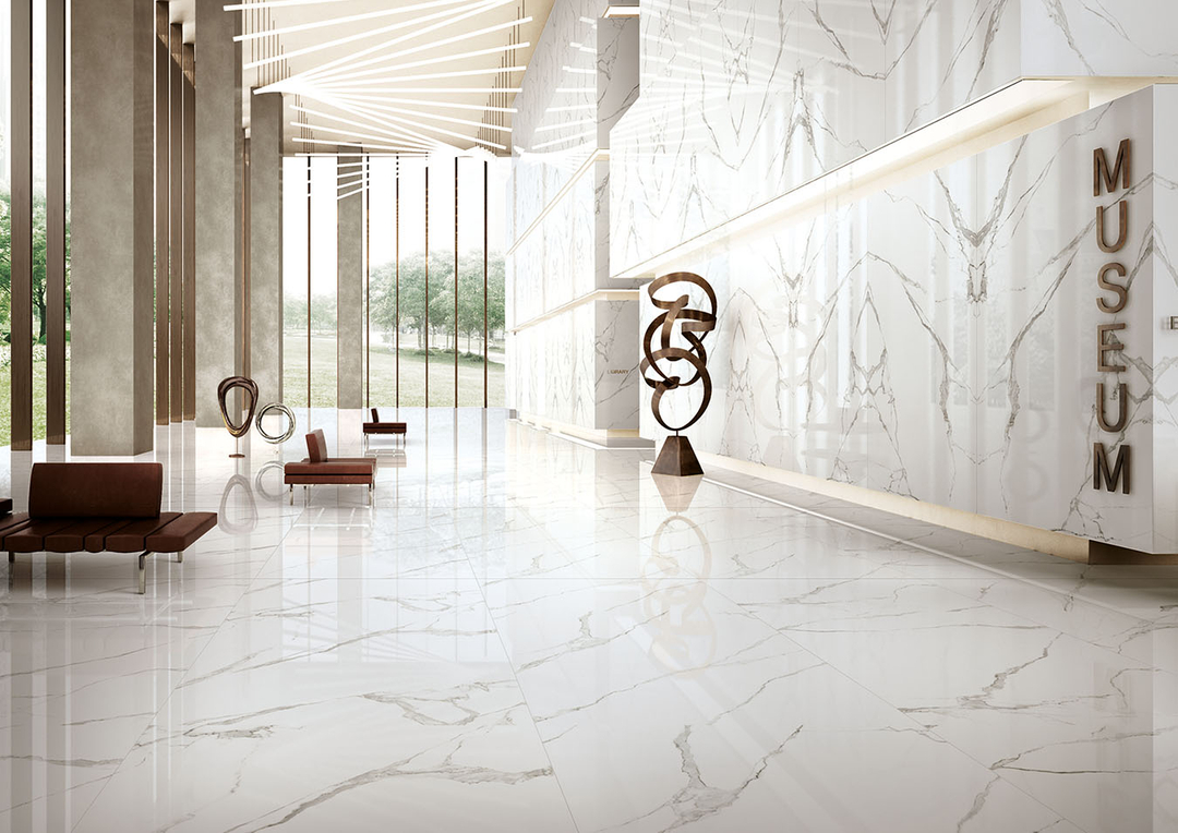Statuario Extra Porcelain Slab 6 mm installed