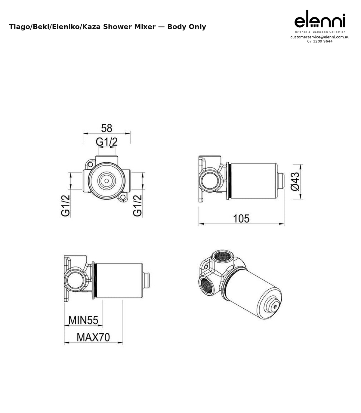 Elenni specification sheet - Tiago, Beki, Eleniko, Kaza - Shower Mixer - Body Only