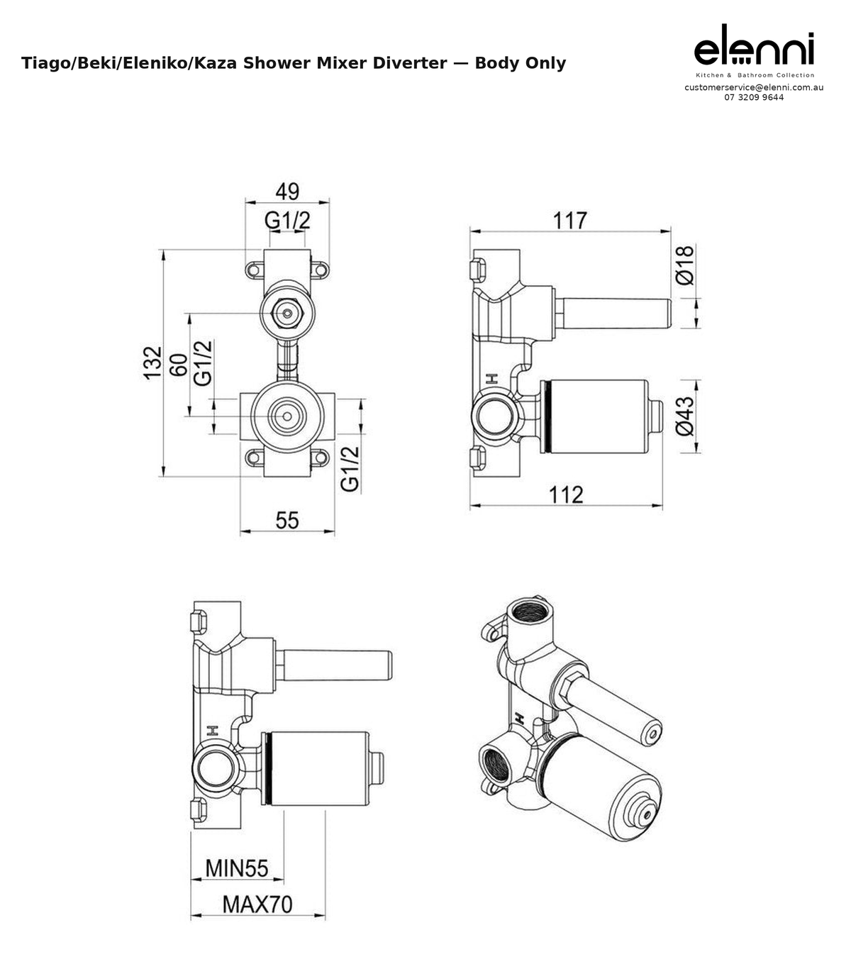 Elenni specification sheet - Tiago, Beki, Eleniko, Kaza - Shower Mixer Diverter - Body Only