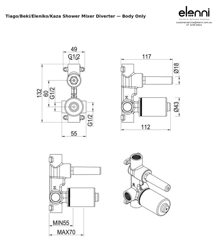 Elenni specification sheet - Tiago, Beki, Eleniko, Kaza - Shower Mixer Diverter - Body Only