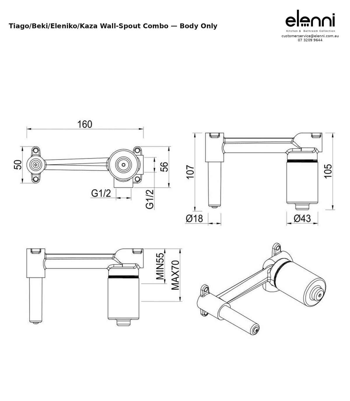 Elenni specification sheet - Tiago, Beki, Eleniko, Kaza - Wall-Spout Combo - Body Only