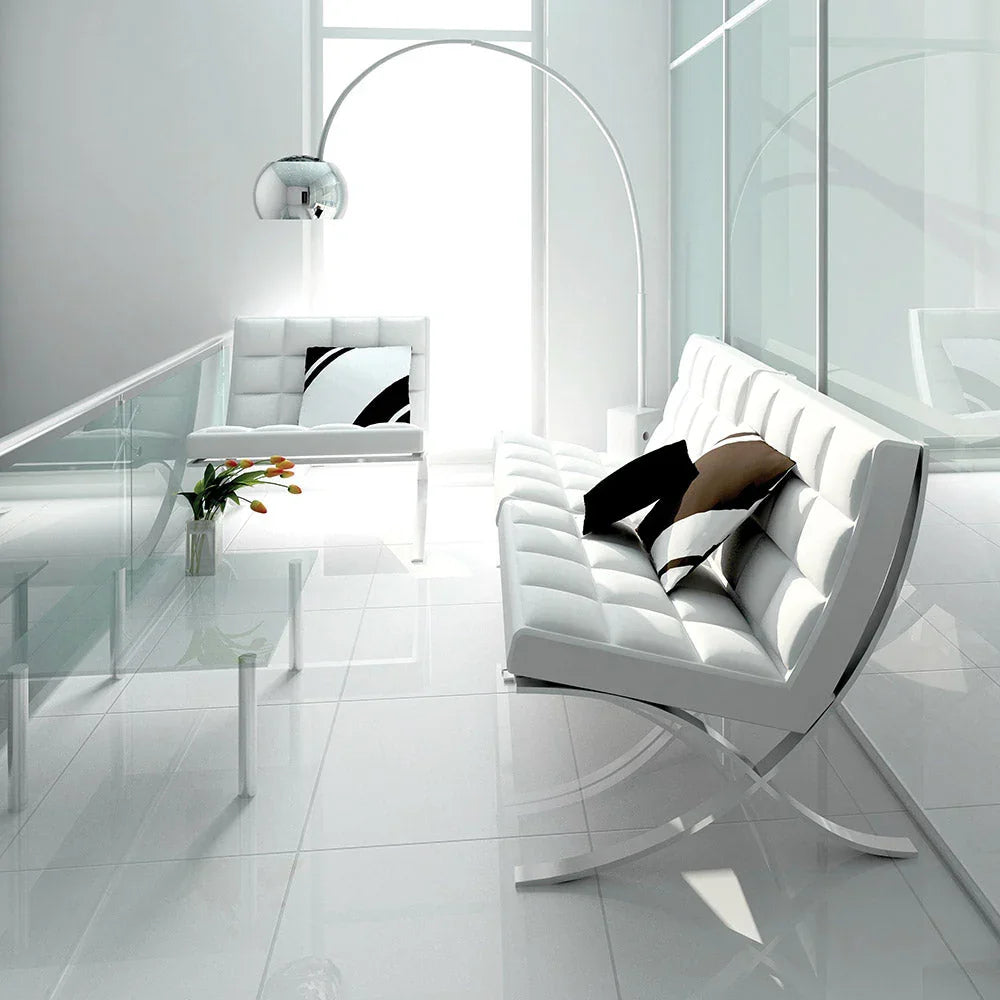 Pearl White porcelain tiles installed