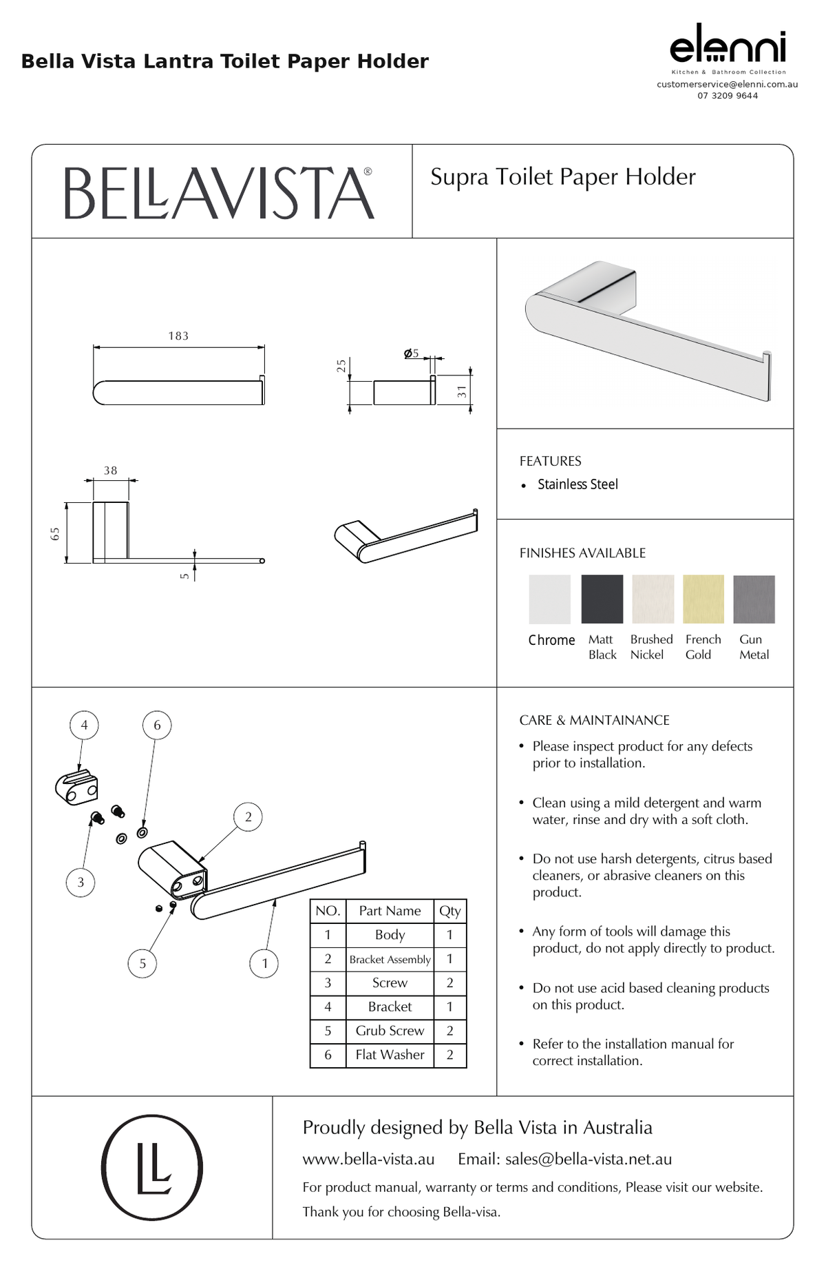 Elenni specification sheet - Lantra Toilet Paper Holder