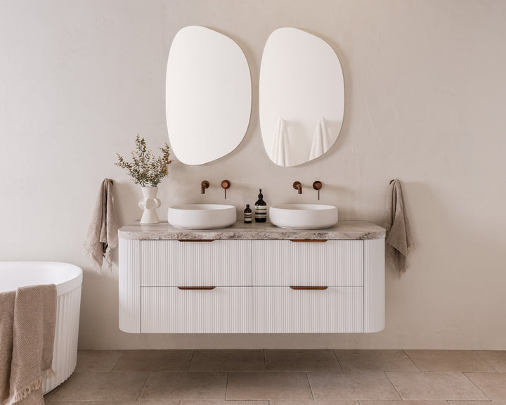 Thirroul 1500 Double Bowl, Ultra White Matte, 40 mm Nimbus Durasein benchtop, Aria handles in Brushed Brass