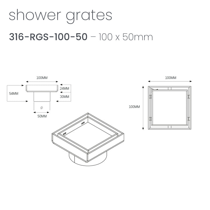 Square Tile Insert Floor Grate - Radiant line drawing RGS-100-50