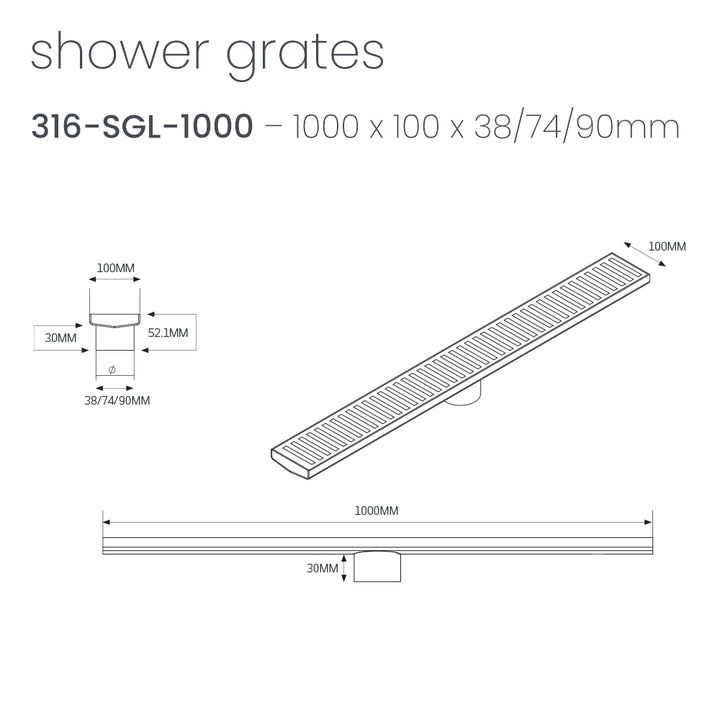 Linear Slotted Floor Grate - Radiant line drawing 316-SGL-1000