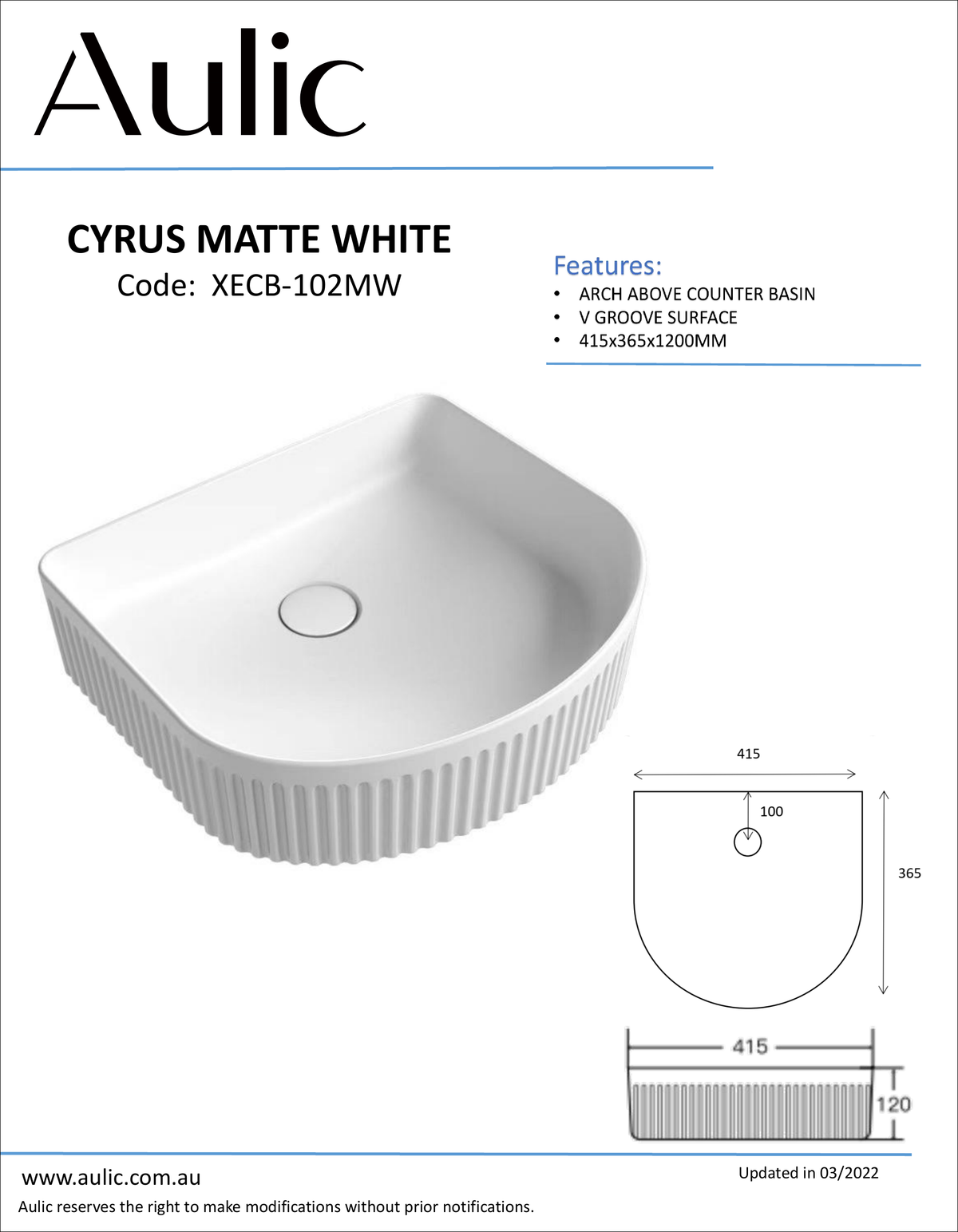 aulic-cyrus-matte-white-basin specification diagram dimensions
