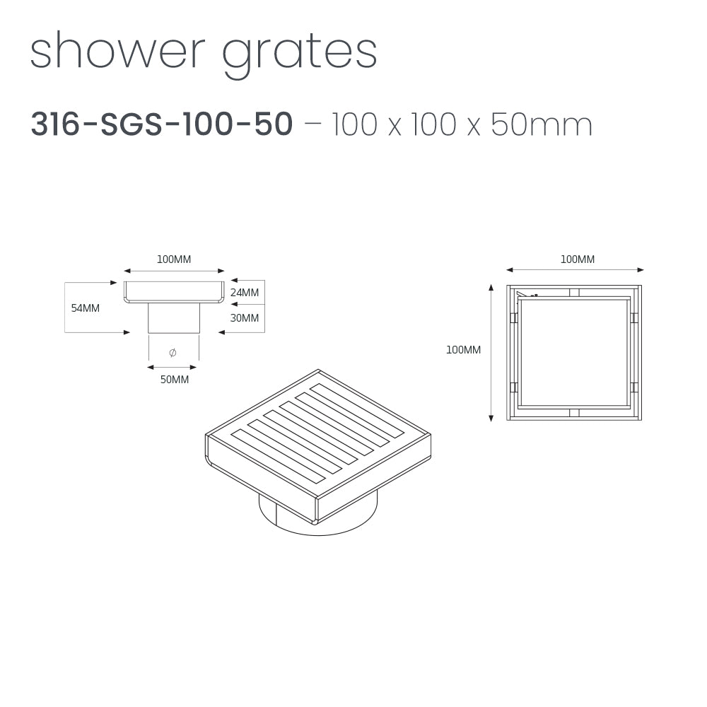 Square Slotted Floor Grate 100 x 100mm - Radiant line drawing 316-SGS-100-50