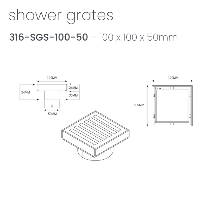 Square Slotted Floor Grate 100 x 100mm - Radiant line drawing 316-SGS-100-50