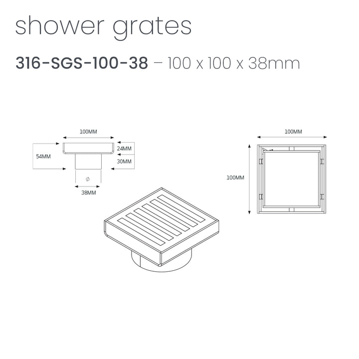 Square Slotted Floor Grate 100 x 100mm - Radiant line drawing 316-SGS-100-38