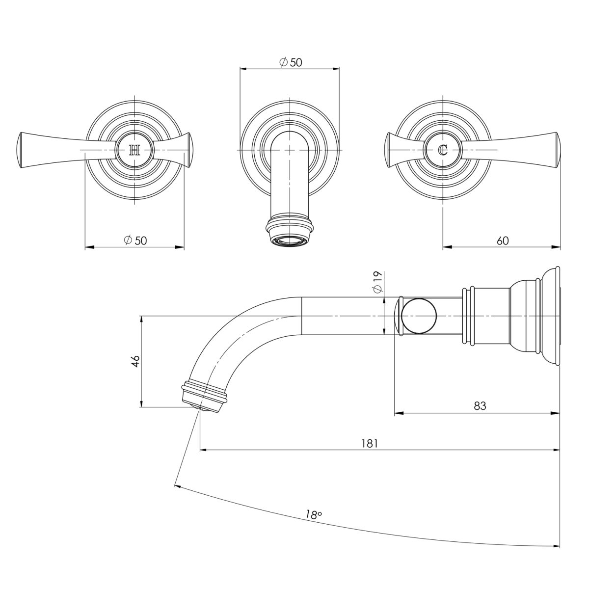 Cromford Wall Basin / Bath Set 180mm – Lead Free - Image 8